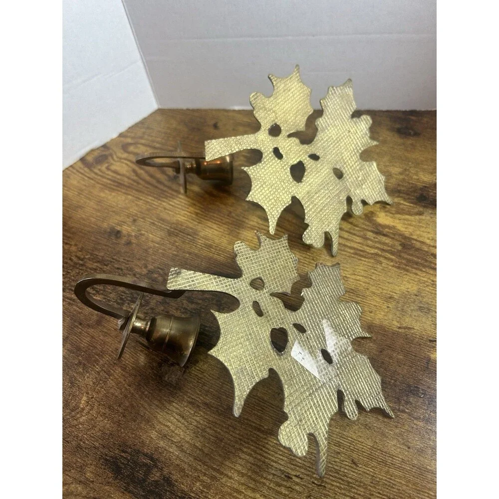 Vintage Brass Holly Leaf Candle Holders Pair Christmas Sconce Decor  Holiday Set